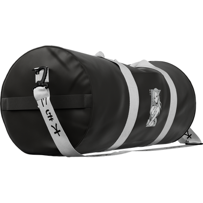 front of oki gym bag showing strap with kanji, angled to show side 