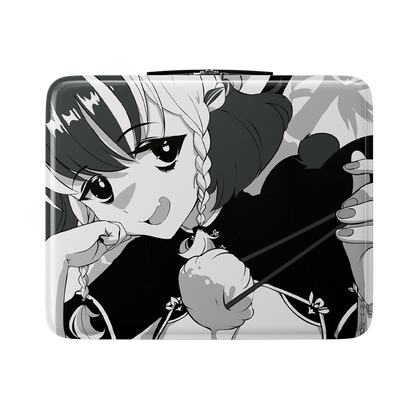 Black metal lunch box with anime girl illustration on lid and white Japanese characters on side.