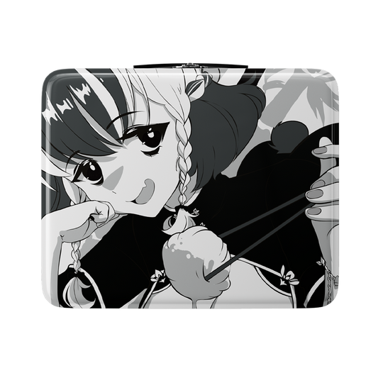 Black metal lunch box with anime girl illustration on lid and white Japanese characters on side.