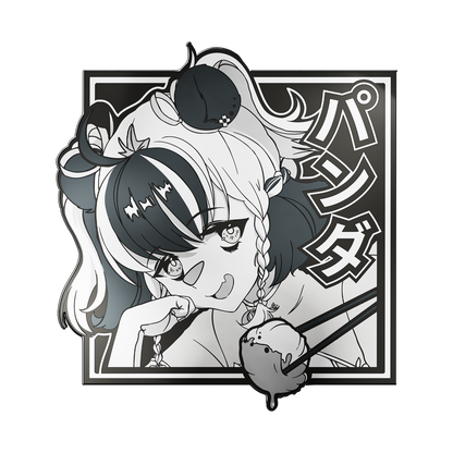 Black and white packaging featuring an anime girl with panda ears and Japanese text on a geometric patterned background.