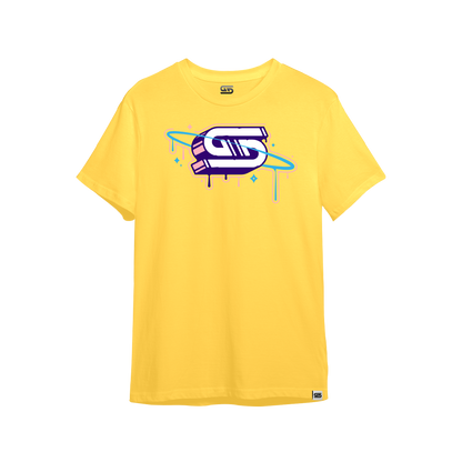Bright pastel yellow oversized short-sleeve shirt with a plain back and crew neckline in 6XL size.
