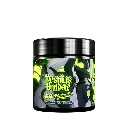 Black container with detailed white and yellow supplement facts label and green accents on the sides