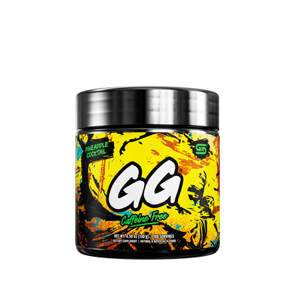 Black container with colorful abstract splashes and detailed nutritional facts on the back label