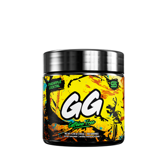 Black container with colorful abstract splashes and detailed nutritional facts on the back label
