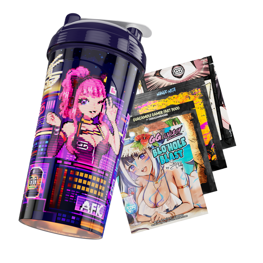 Dark purple shaker cup with pixel art neon cityscape and "SUS SNACKS" text on the side.
