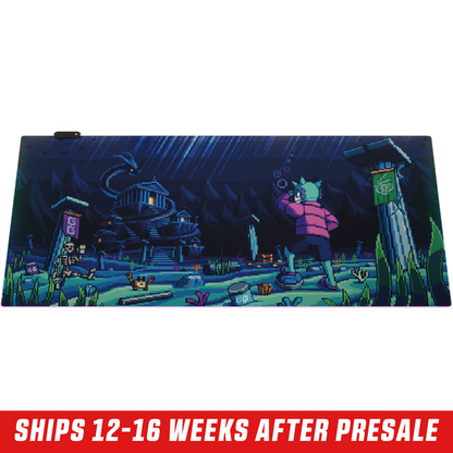 Pixel art style RGB mouse pad with a night scene of a character in a pink jacket near a dark mansion and pillars.