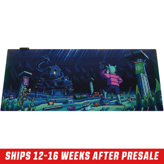 Pixel art style RGB mouse pad with a night scene of a character in a pink jacket near a dark mansion and pillars.