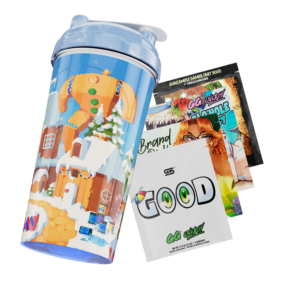 Blue pixel art cup with a snowy winter scene, gingerbread characters, a snowman, and a TNT barrel.