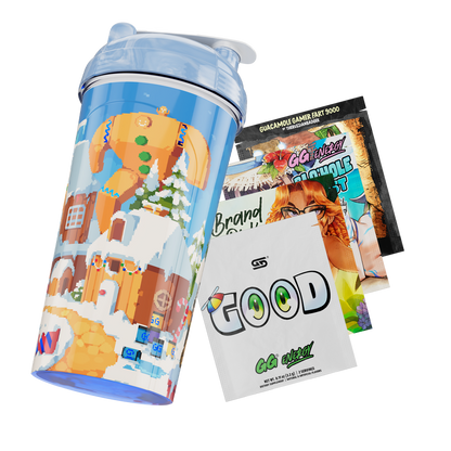 Blue pixel art cup with a snowy winter scene, gingerbread characters, a snowman, and a TNT barrel.