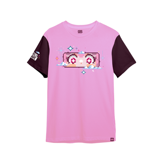 Pink shirt with dark purple sleeves featuring pixel art eyes and sparkles on the front and a pixel design on the left sleeve.