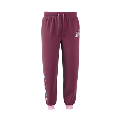 Mauve sweatpants with elastic waistband, pink cuffs, side pockets, and pixelated star designs near the ankle.