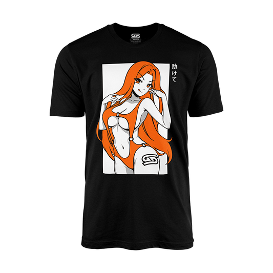Black shirt with an anime-style woman with long orange hair in an orange swimsuit and Japanese text on the front.