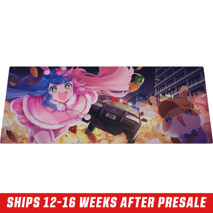 Mouse pad featuring a colorful anime girl with blue and pink hair wearing a pink fur-trimmed outfit on a wooden desk.
