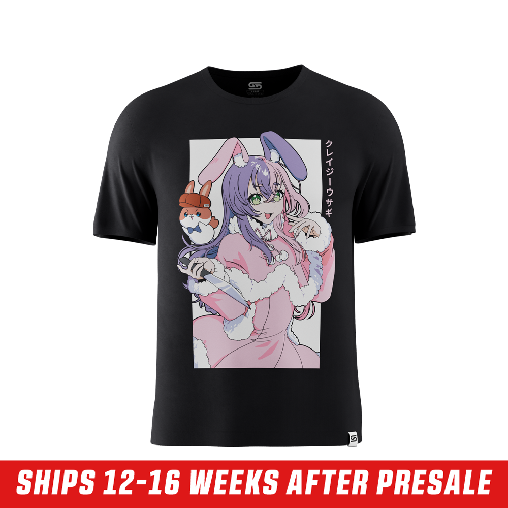 Black shirt with anime-style pink-haired bunny girl in handcuffs held by two police officers on the back