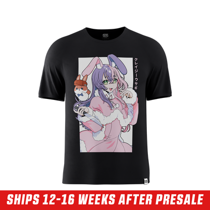 Black shirt with anime-style pink-haired bunny girl in handcuffs held by two police officers on the back