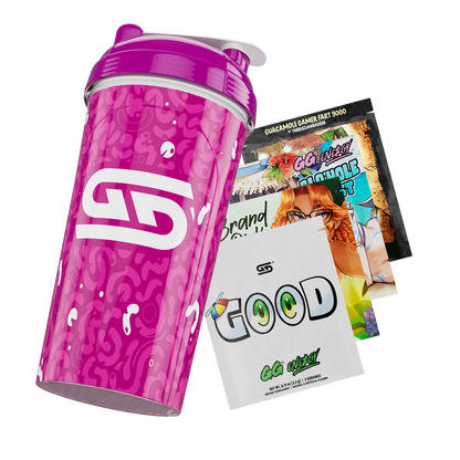 Purple shaker cup with abstract amoeba pattern and white "Gamer Supps" logo on the front