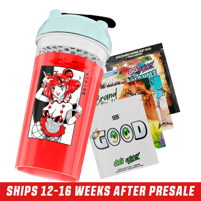 Red translucent shaker cup with a blue lid featuring a red-haired anime girl in a bikini and fishnet stockings design.