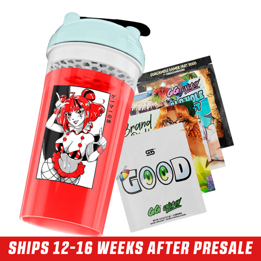 Red translucent shaker cup with a blue lid featuring a red-haired anime girl in a bikini and fishnet stockings design.