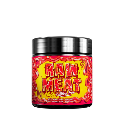Black jar with a red label featuring nutrition facts and directions for a caffeine-free raw meat supplement.