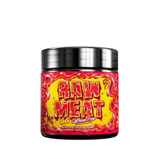 Black jar with a red label featuring nutrition facts and directions for a caffeine-free raw meat supplement.