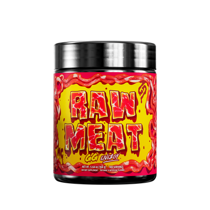 Black container with red and yellow label showing detailed nutritional facts and usage instructions for supplement powder.