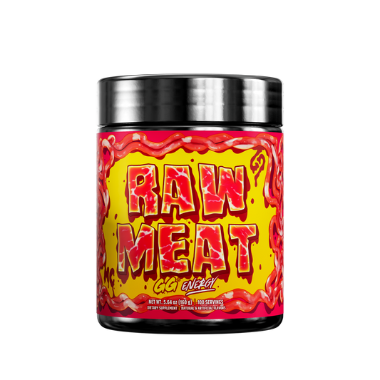 Black container with red and yellow label showing detailed nutritional facts and usage instructions for supplement powder.