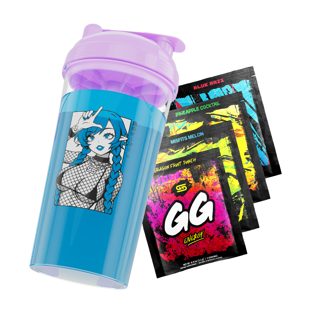 Blue shaker cup with purple lid featuring anime girl with blue hair and fishnet top, next to colorful energy packets.