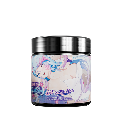 Black container with a purple and pink label showing detailed supplement facts and usage directions for Sakura Splash GG.