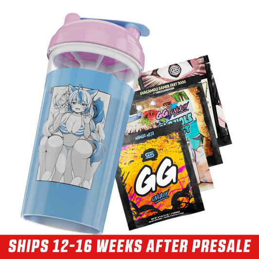 Clear shaker cup with pink lid and black-and-white anime girls in bikinis printed on the side