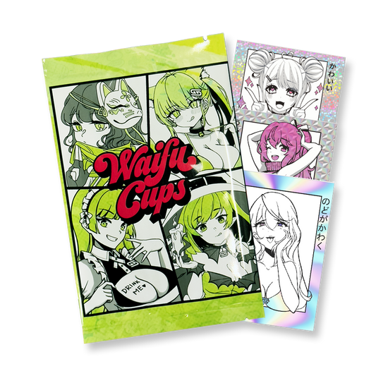 Three green-themed sticker packs featuring anime-style female characters with yellow-green hair and fox masks.