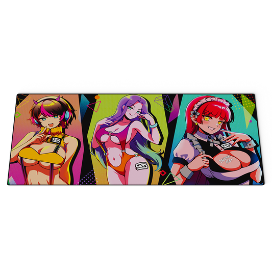 Mouse pad with three anime-style female characters in colorful outfits and vibrant geometric backgrounds.