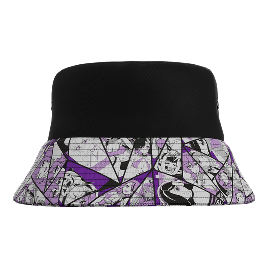 Back of Waifu Cups Season 4 Bucket Hat showing custom printed brim with various designs.