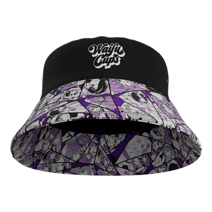 Inside of Bucket Hat showing printed brim and Custom embroidered logo on front of hat