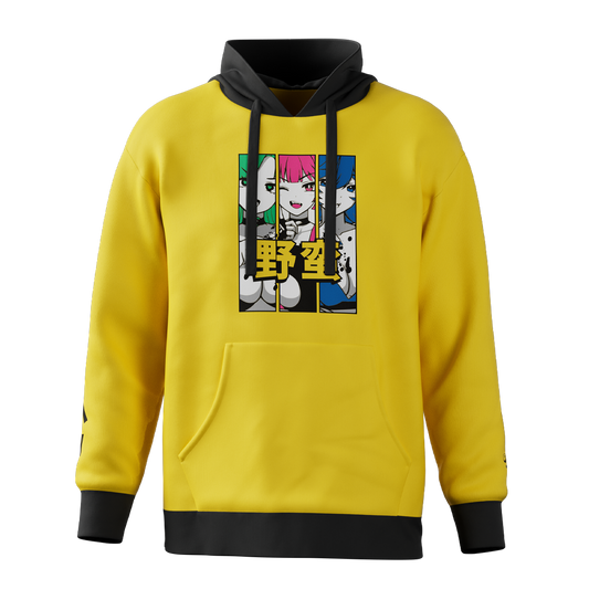 Yellow hoodie with black hood and cuffs featuring three anime girls with green, pink, and blue hair in panels.