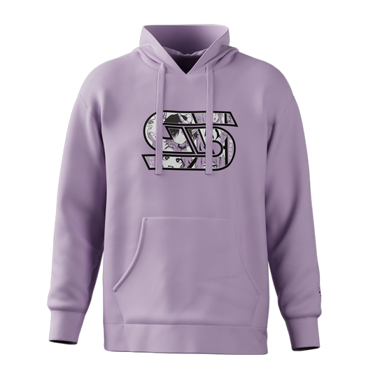 Lilac hoodie with a large black-outlined "WS" logo filled with anime character faces on the chest and a front pouch pocket.