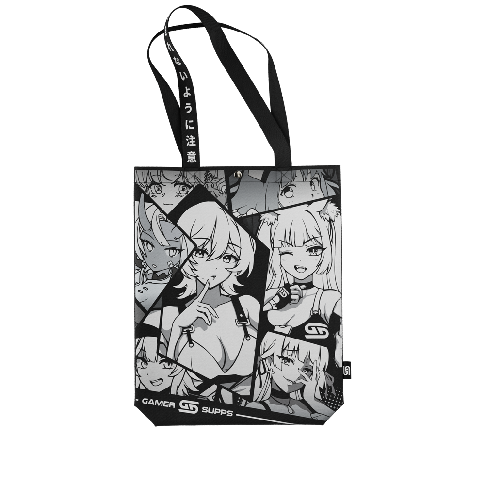 Black and white tote bag with five anime-style female characters and black handles with white Japanese text.