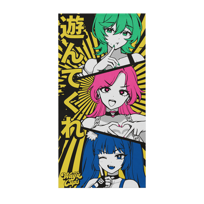 Beach towel featuring three anime-style girls with green, pink, and blue hair on a yellow and gray background.