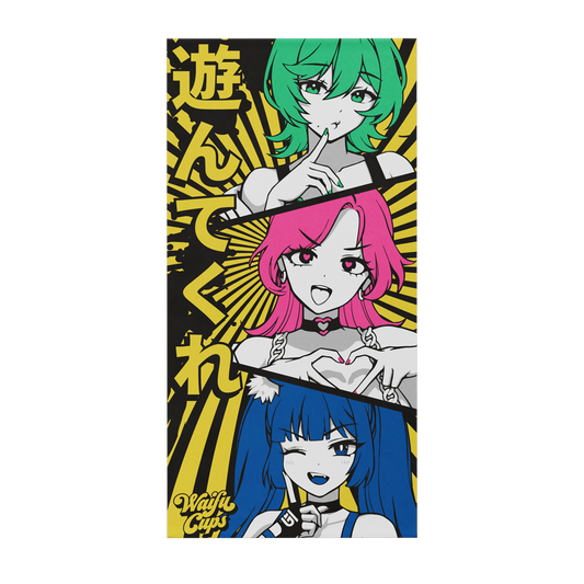 Beach towel featuring three anime-style girls with green, pink, and blue hair on a yellow and gray background.