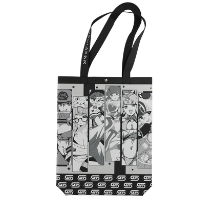 Black tote bag with white "Waifu Cups" text and manga-style anime character panels above the text.