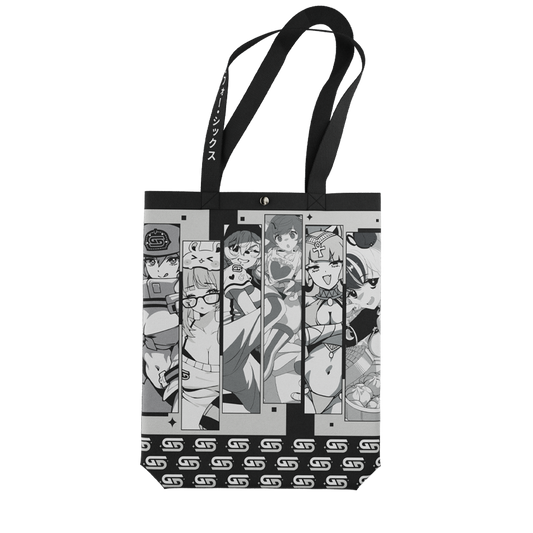Black tote bag with white "Waifu Cups" text and manga-style anime character panels above the text.