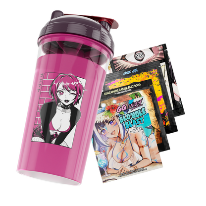Clear shaker cup with dark purple lid and black-and-white anime girl graphic wearing a skull jacket and fishnet stockings