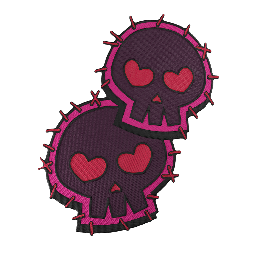 Two overlapping dark purple skulls with pink heart-shaped eyes and bright pink stitched borders on black background
