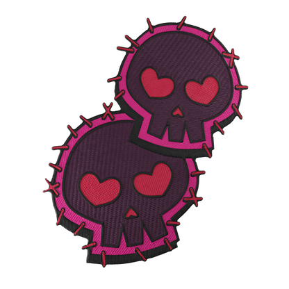 Two overlapping dark purple skulls with pink heart-shaped eyes and bright pink stitched borders on black background