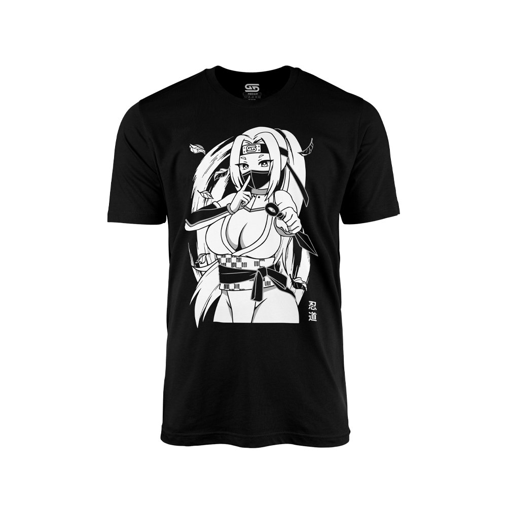 Black shirt with a white anime-style female ninja holding a kunai and making a shushing gesture.