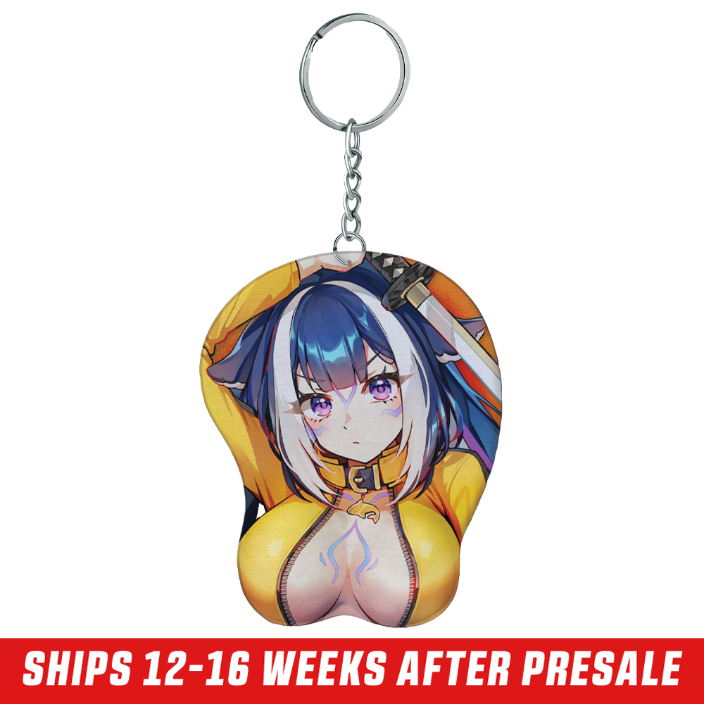 Keychain featuring an anime girl with blue and white hair, purple eyes, yellow outfit, and a sword behind her head.