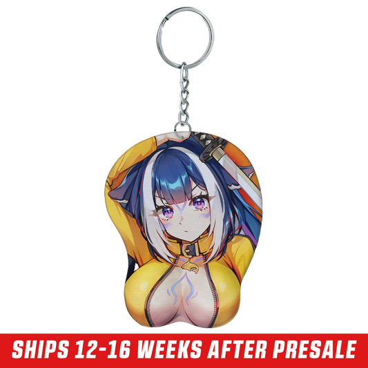 Keychain featuring an anime girl with blue and white hair, purple eyes, yellow outfit, and a sword behind her head.