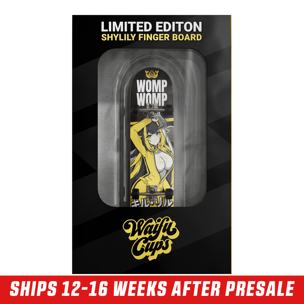 Fingerboard deck featuring an anime girl with blue and white hair, purple eyes, and a yellow jacket with a zipper.