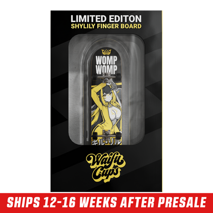 Fingerboard deck featuring an anime girl with blue and white hair, purple eyes, and a yellow jacket with a zipper.