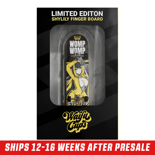 Fingerboard deck featuring an anime girl with blue and white hair, purple eyes, and a yellow jacket with a zipper.