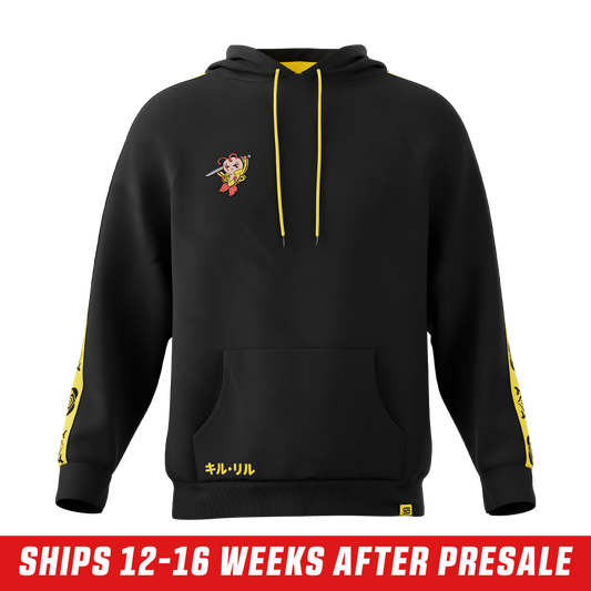 Black hoodie with yellow stripe featuring black abstract symbols running down the sleeve and a yellow drawstring.